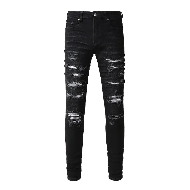 Black Full White Leather Patchwork Distressed Painted Jeans