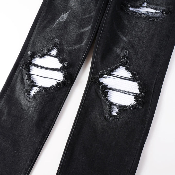 Black White Ribbed Patch Jeans