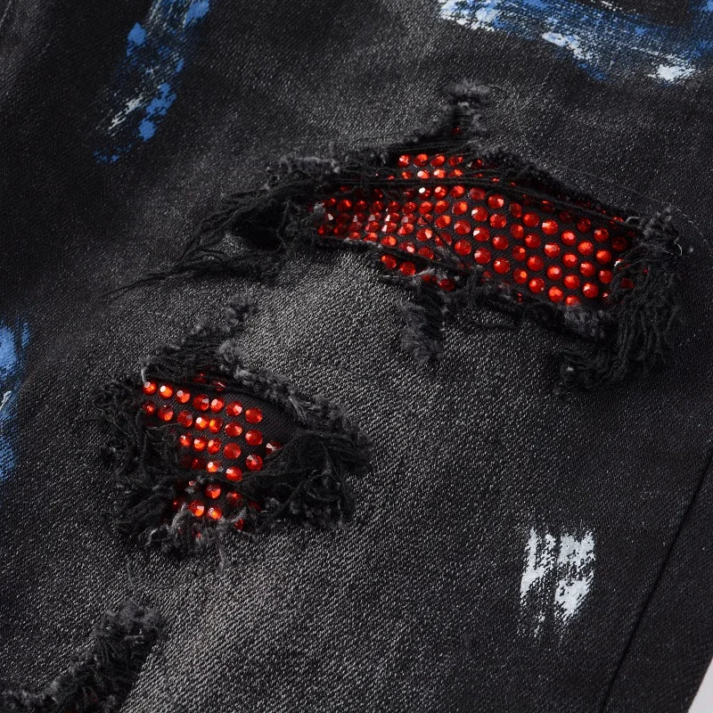 Black Red Crystal Paint Splatter Distessed Jeans