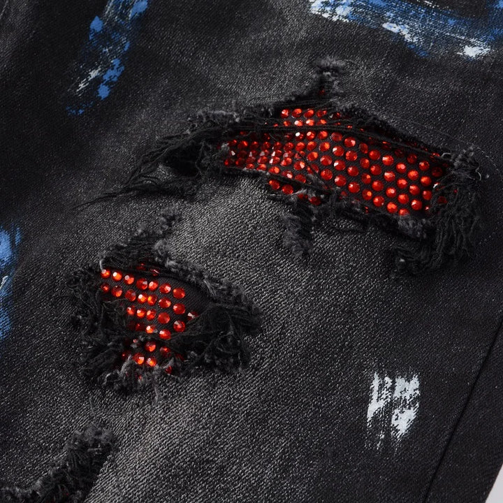 Black Red Crystal Paint Splatter Distessed Jeans