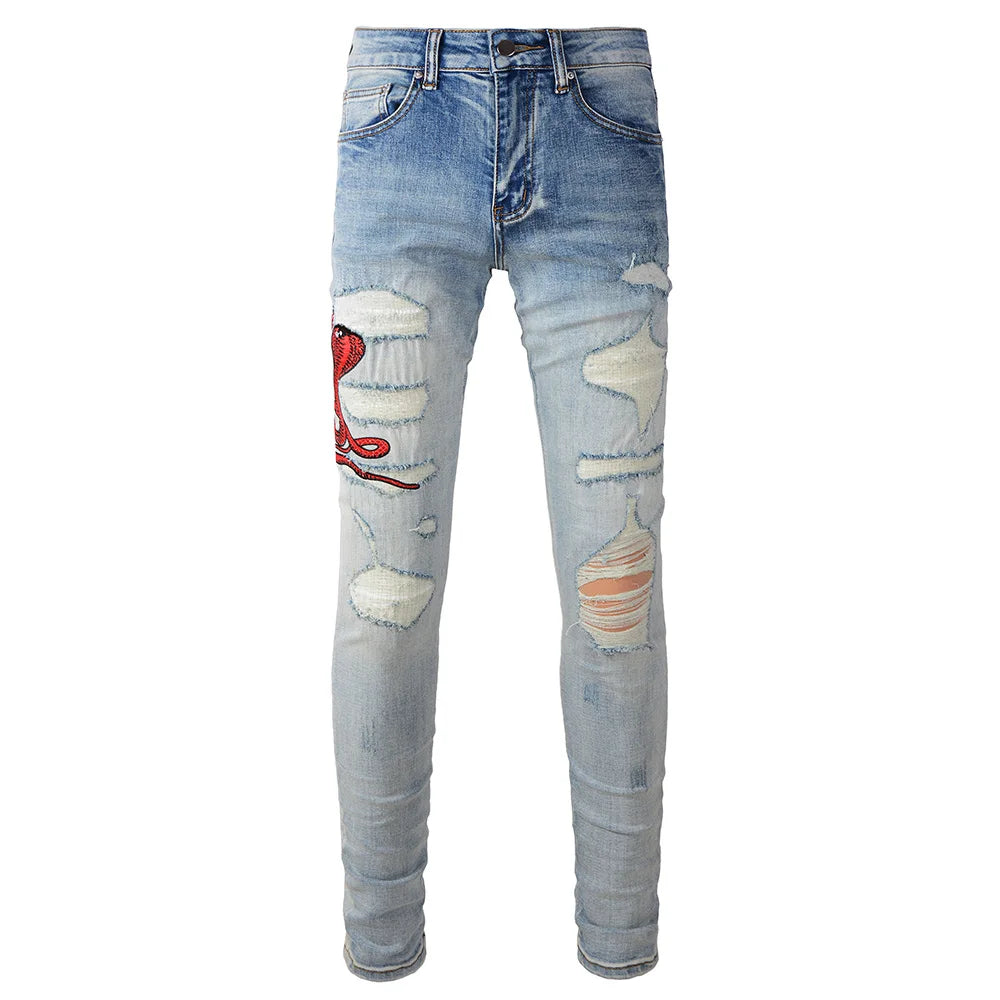 Blue Red Snake Embroidery Jeans