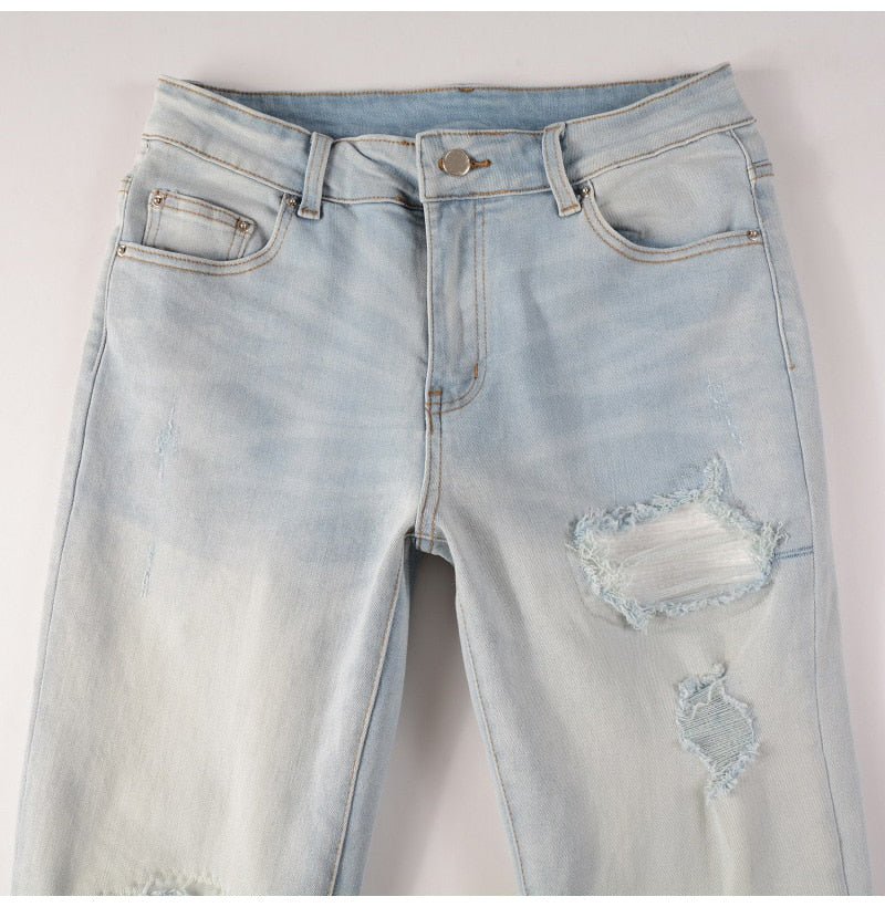 Pale Blue White Ribbed Patchwork Jeans
