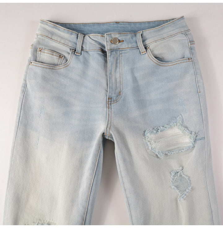 Pale Blue White Ribbed Patchwork Jeans