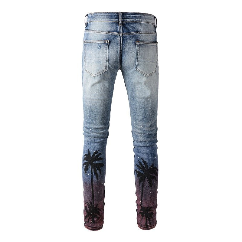 Blue Palm Tree Distressed Ripped Jeans