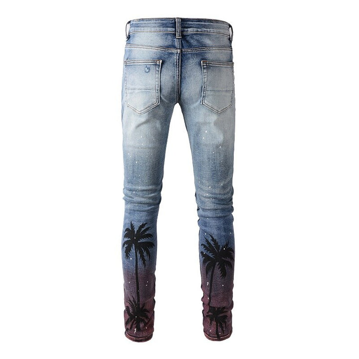 Blue Palm Tree Distressed Ripped Jeans