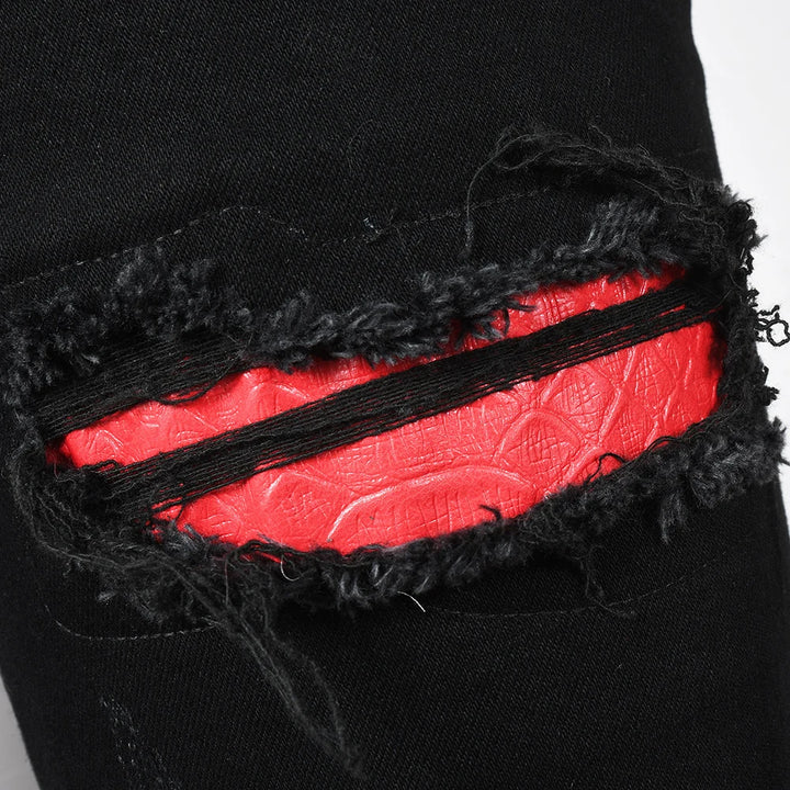Black Red Full Embroidery Snake Patch Jeans