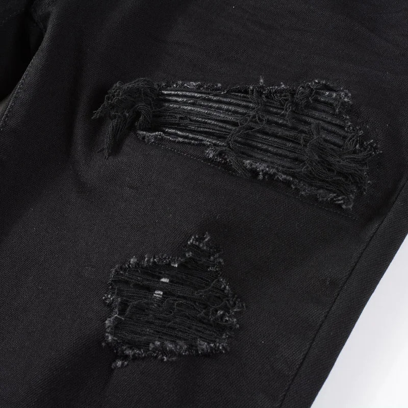 Black Leather Patch Distressed Jeans
