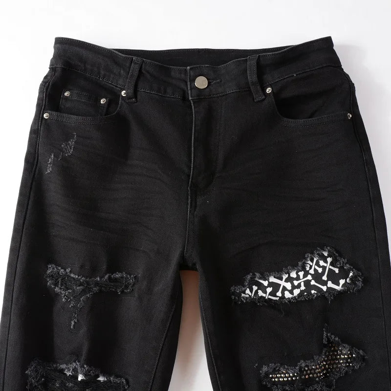 Black White Crystal Mixed Artwork Patch Jeans