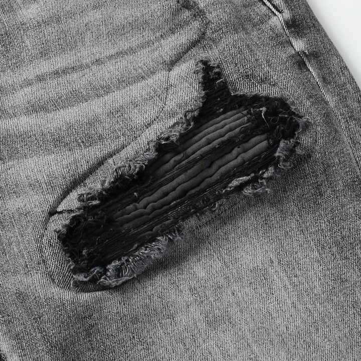 Grey Black Leather Ribbed Knee Distressed Jeans