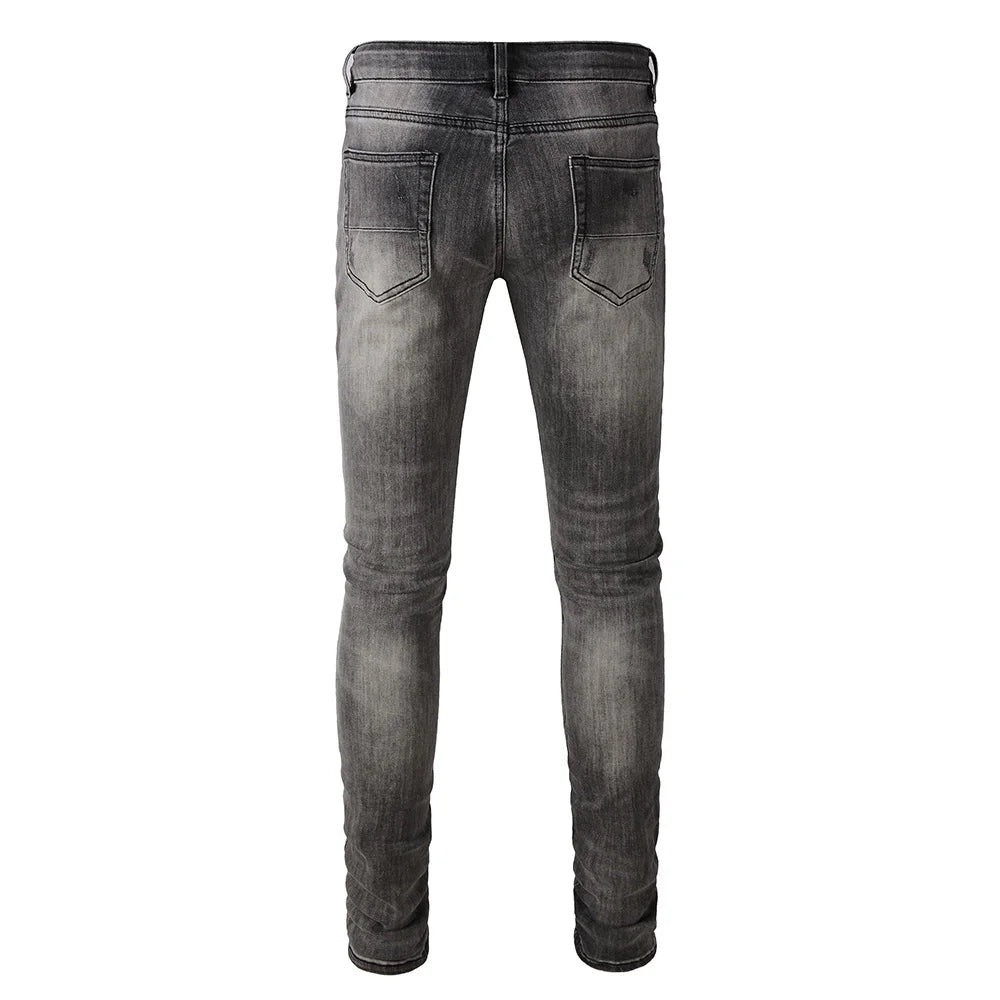 Grey Black Leather Patchwork Distressed Jeans