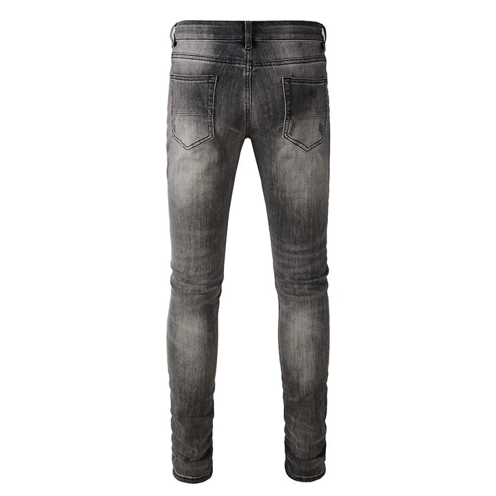 Grey Black Leather Patchwork Distressed Jeans