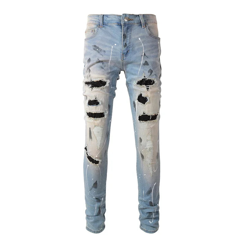Blue Black Crystal Patchwork Paint Splatter Distressed Jeans
