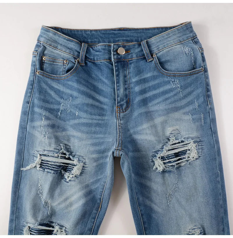 Blue Ribbed Denim Patch Distressed Jeans