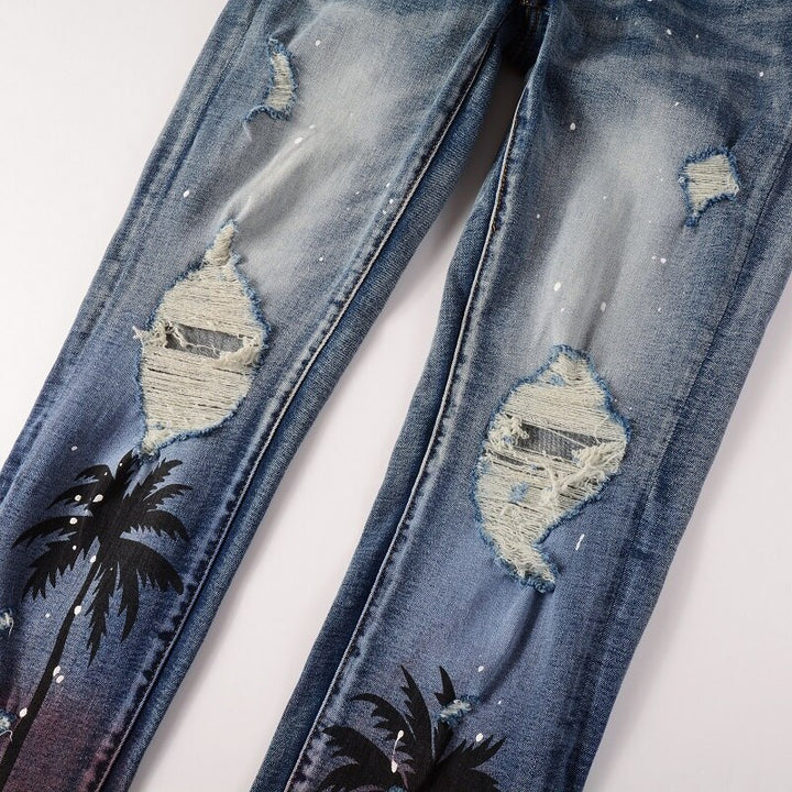 Blue Palm Tree Distressed Ripped Jeans