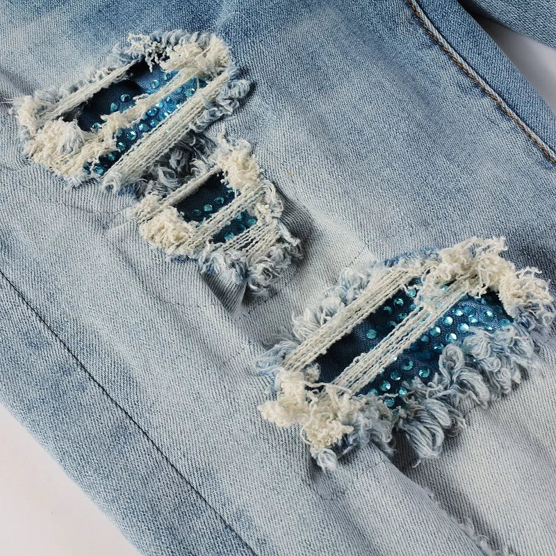 Blue Full Sky Blue Crystal Patchwork Distressed Painted Jeans