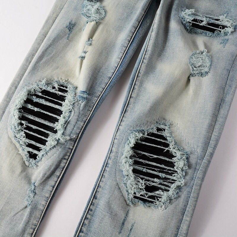Blue Black Leather Pleated Patch Jeans