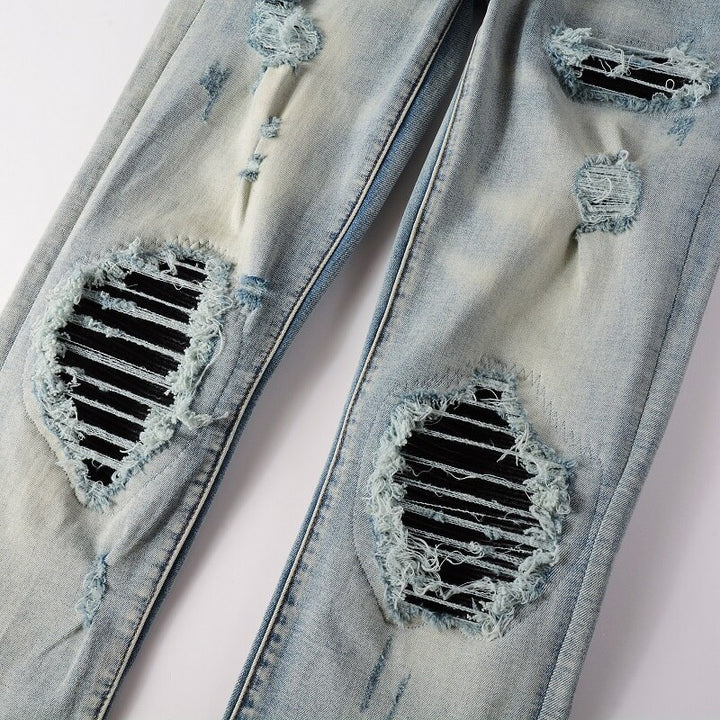 Blue Black Leather Pleated Patch Jeans