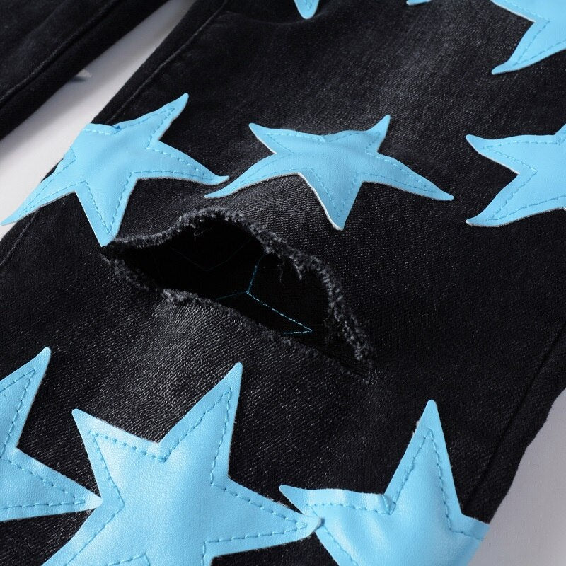 Black Sky Blue Leather Star Jeans