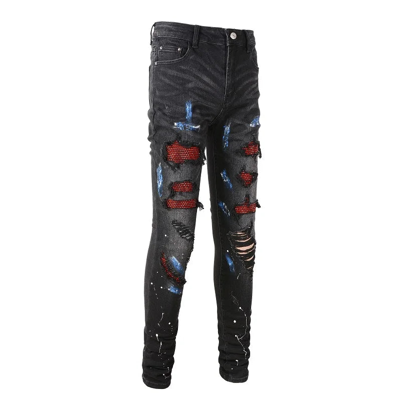 Black Red Crystal Paint Splatter Distessed Jeans