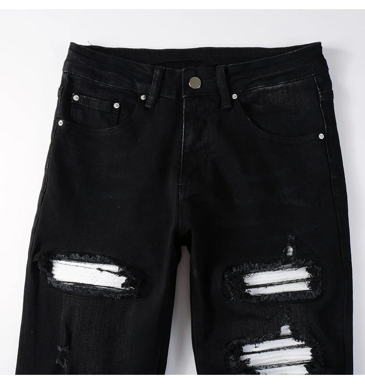 Black White Ribbed Patch Jeans
