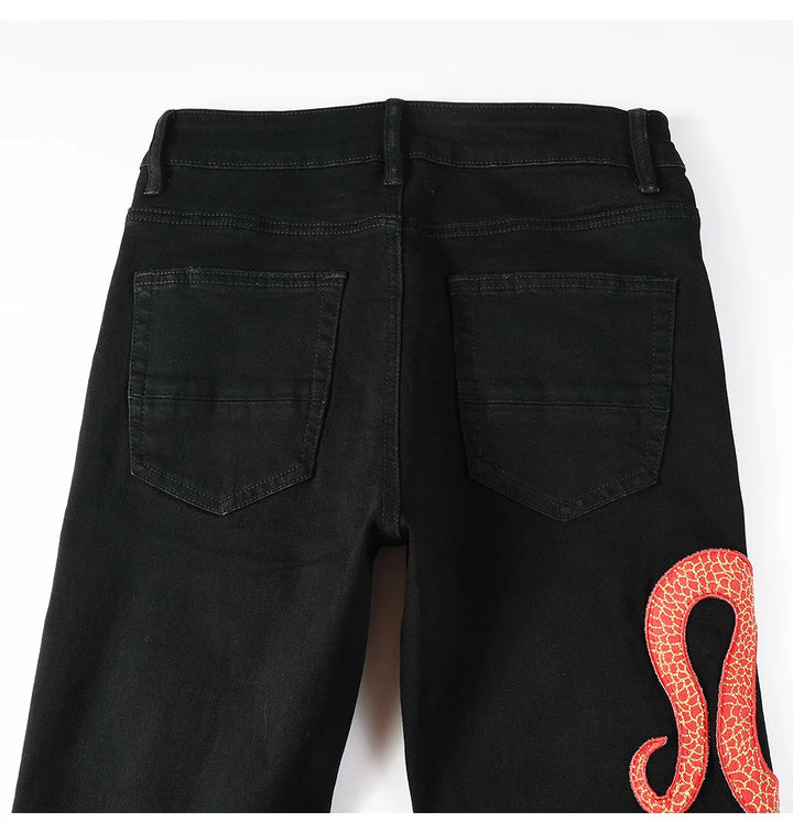 Black Red Full Embroidery Snake Patch Jeans