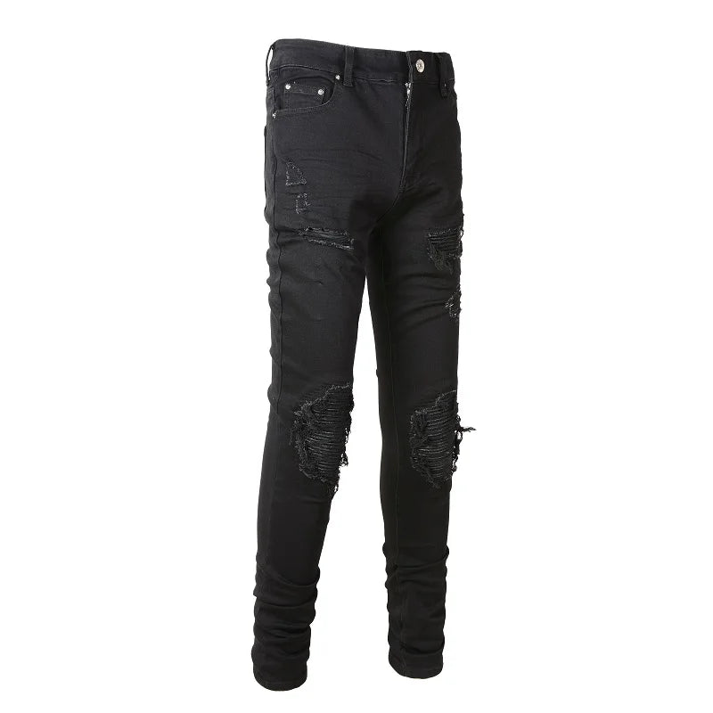 Black Leather Patch Distressed Jeans