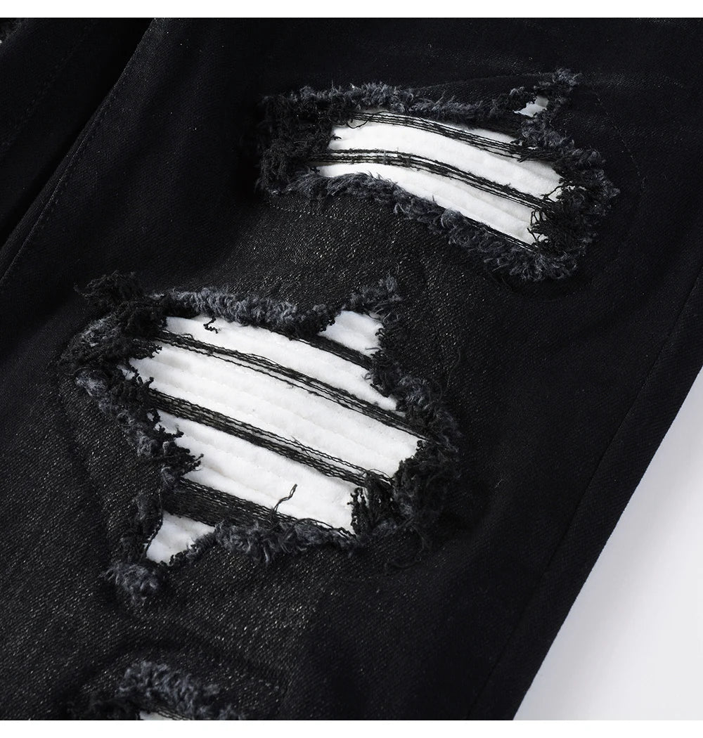 Black White Ribbed Patch Jeans