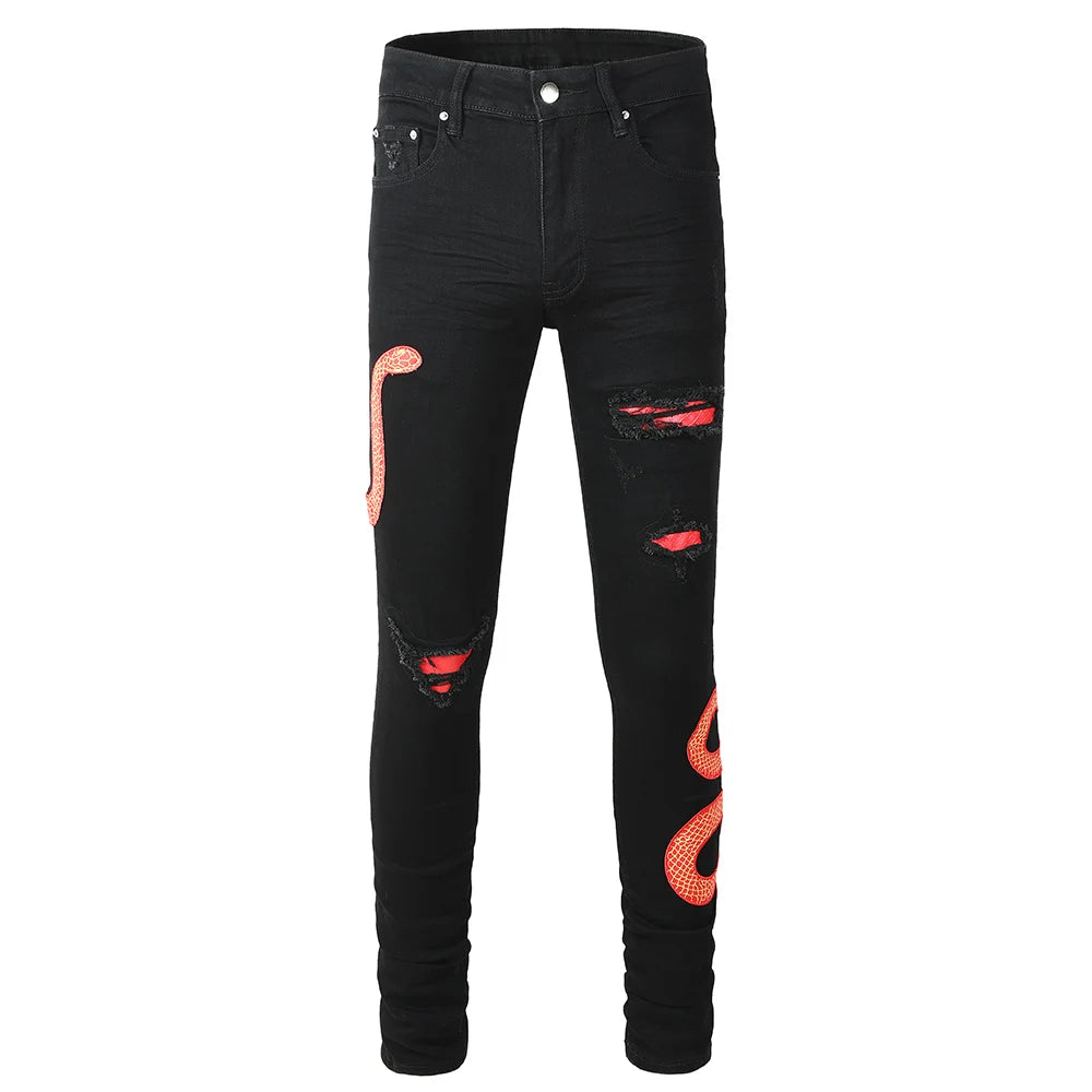 Black Red Full Embroidery Snake Patch Jeans