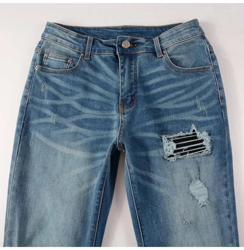 Blue Leather Knee Patch Ripped Jeans – Taelor Boutique