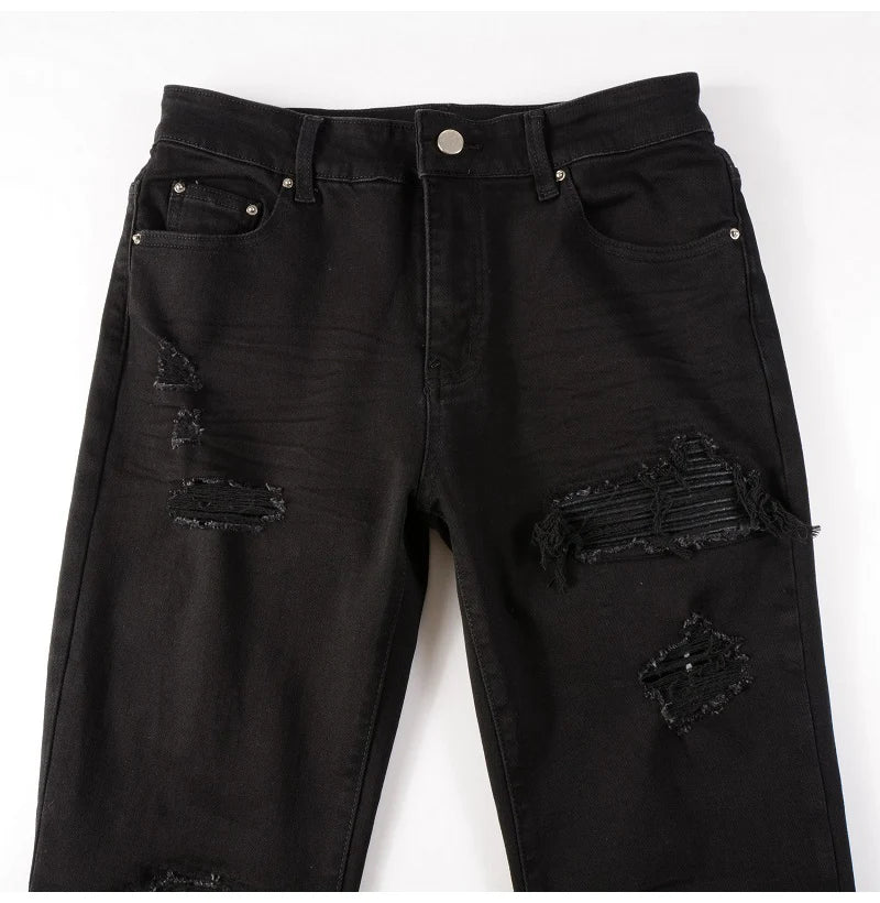 Black Leather Patch Distressed Jeans
