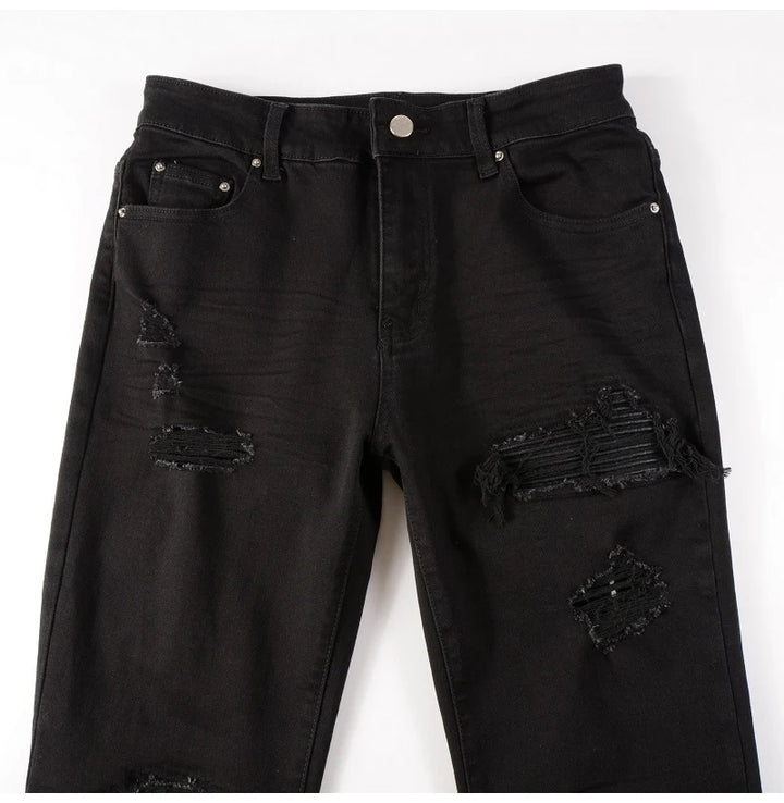 Black Leather Patch Distressed Jeans