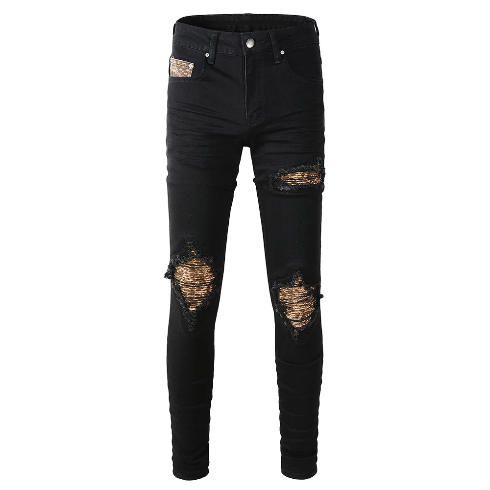 Black Dark Leopard Print Patch Jeans