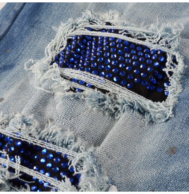 Blue Full Crystal Patchwork Distressed Painted Jeans