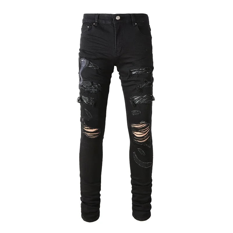 Black Snake Embroidery Ripped Jeans