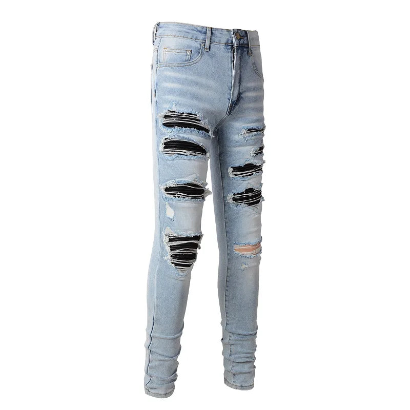 Light Blue Full Leather Patchwork Distressed Painted Jeans
