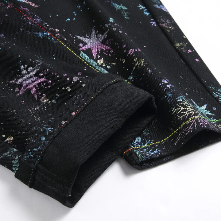 Black Multicolour Snowflake Star Print Bootcut Jeans