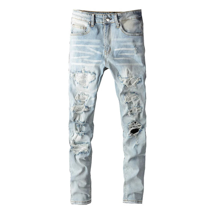 Blue White Crystal Ribbed Patchwork Distressed Jeans