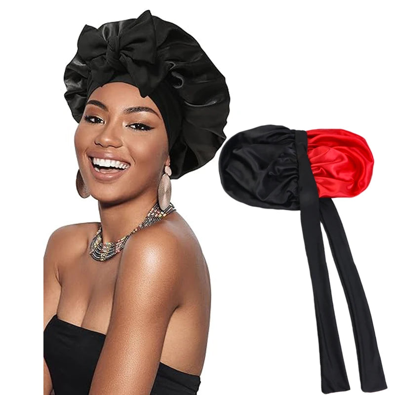 Black Double Layered Wide Band Tied Silky Bonnet