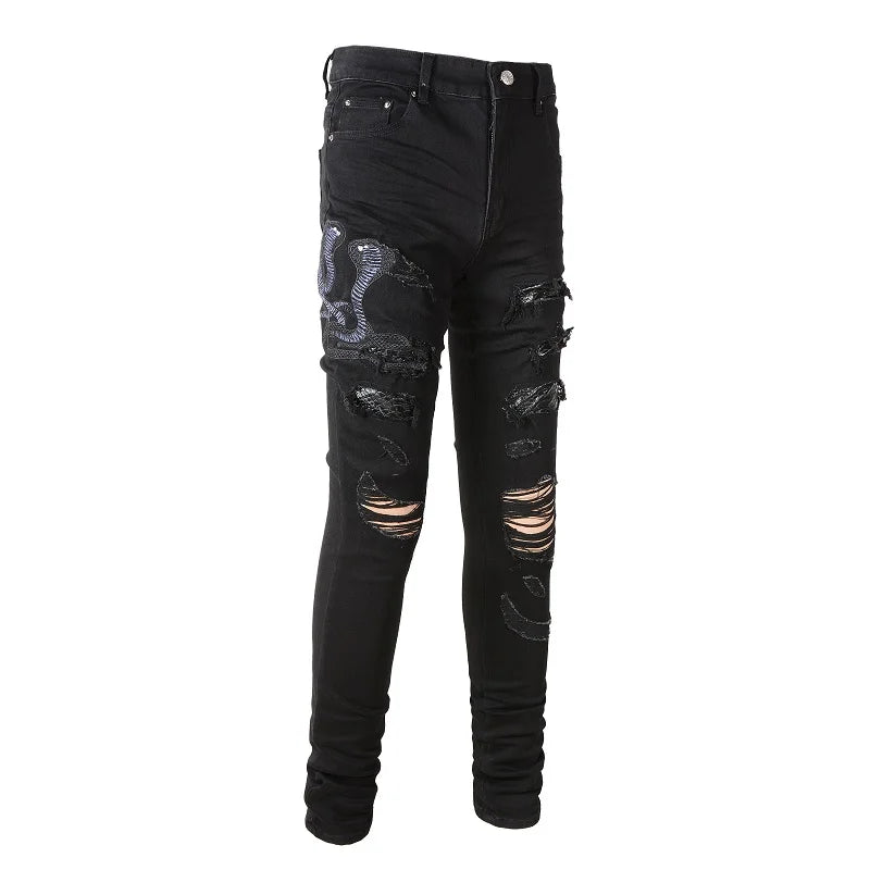 Black Snake Embroidery Ripped Jeans