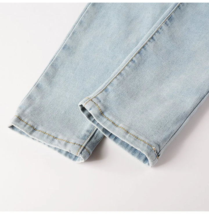 Light Blue Full Leather Patchwork Distressed Painted Jeans