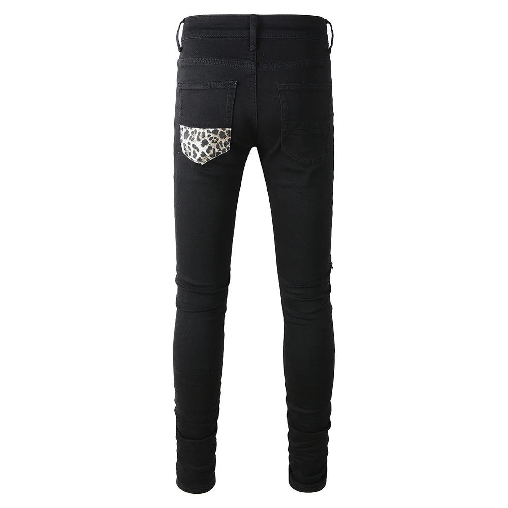 Black Leopard Print Patch Jeans