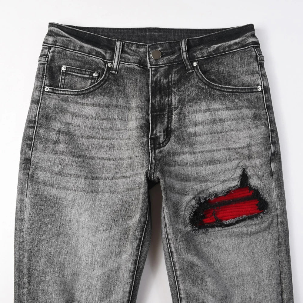 Grey Red Leather Ribbed Knee Distressed Jeans