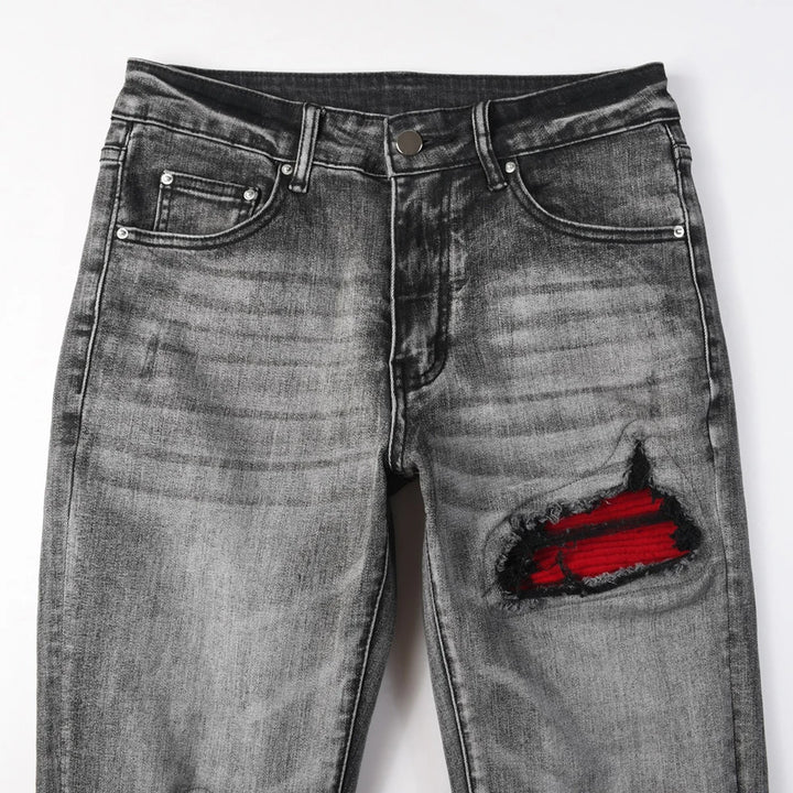Grey Red Leather Ribbed Knee Distressed Jeans