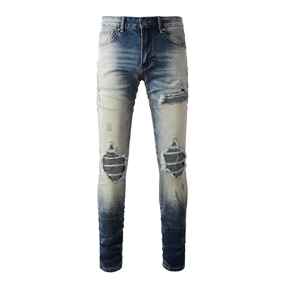 Blue Black Crystal Patchwork Dye Jeans