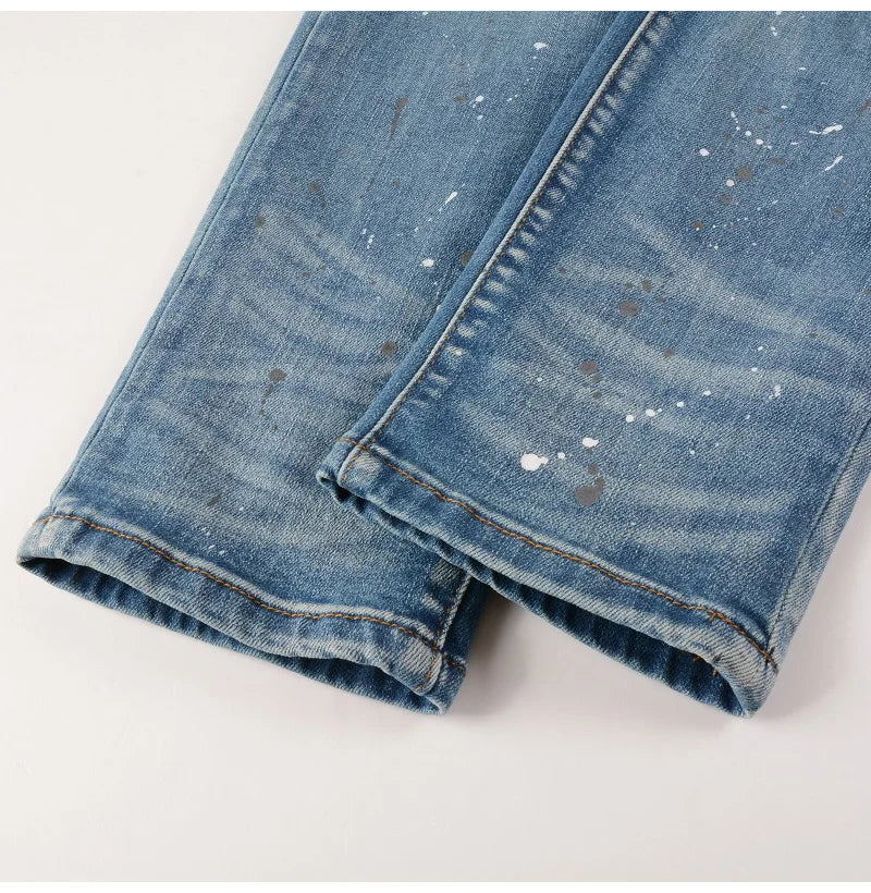 Blue Full Crystal Patchwork Distressed Painted Jeans