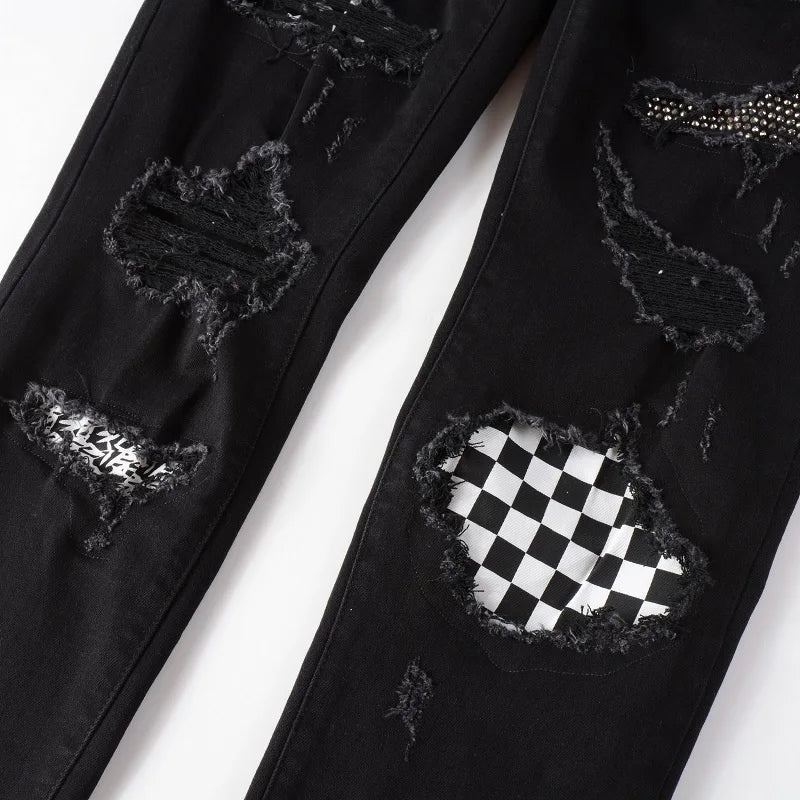 Black White Crystal Mixed Artwork Patch Jeans