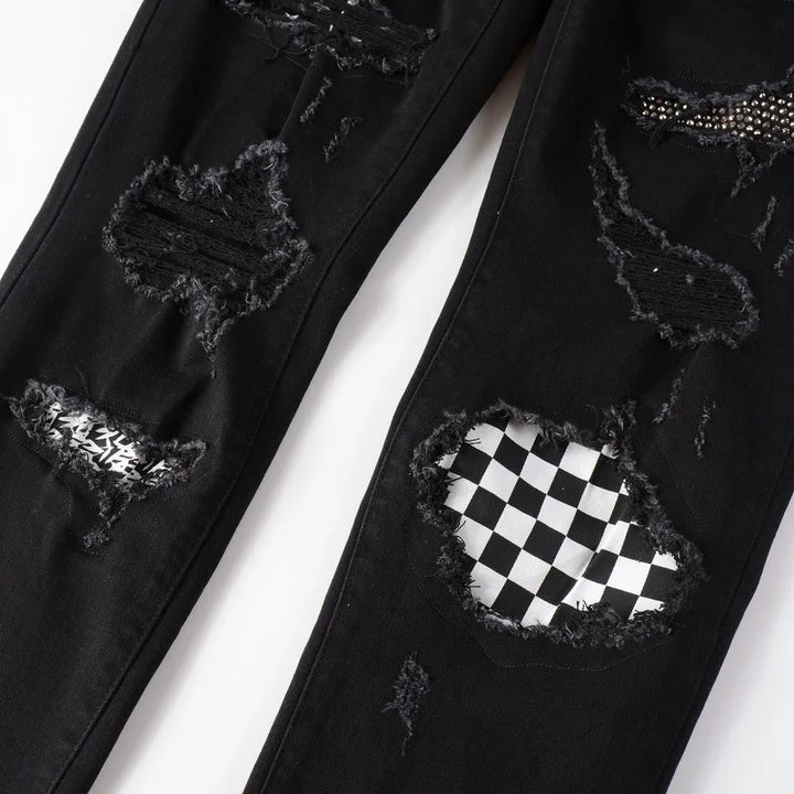 Black White Crystal Mixed Artwork Patch Jeans