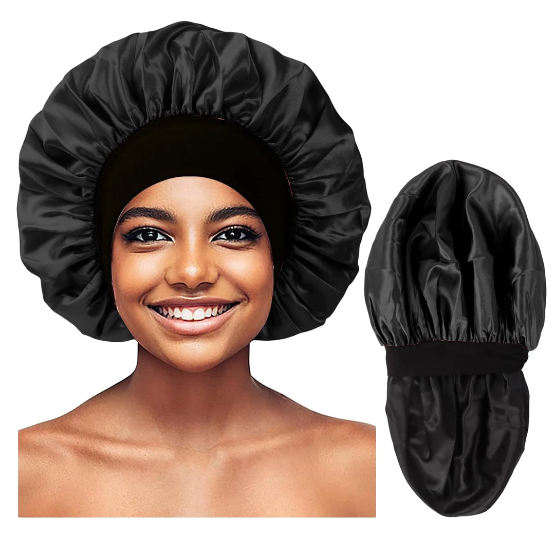Black Extra Large Double Layer Wider Band Silky Bonnet