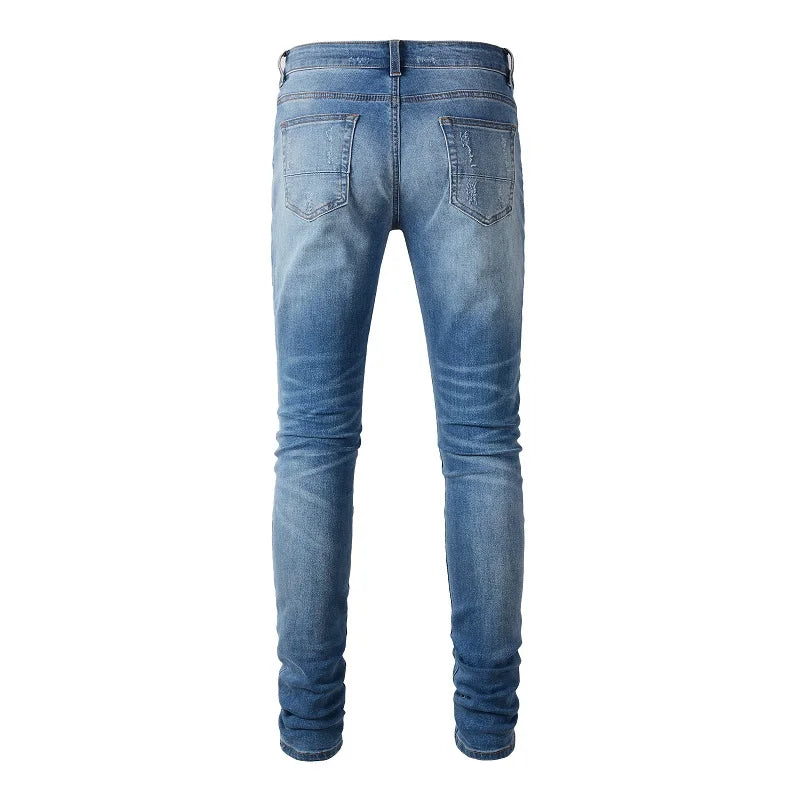 Blue Ribbed Denim Patch Distressed Jeans