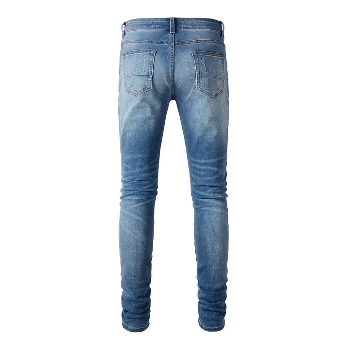 Blue Ribbed Denim Patch Distressed Jeans